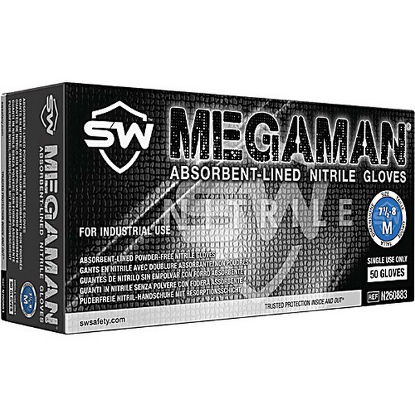 Megaman Absorbent Lined Nitrile Glove - Box of 50 - Medium