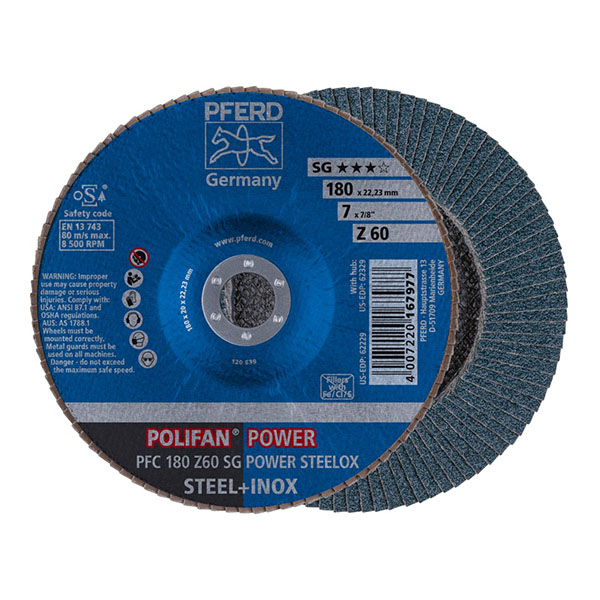 PFERD POWER STEELOX Polifan Flap Discs - Zirconia Alumina SG - 180mm - 60