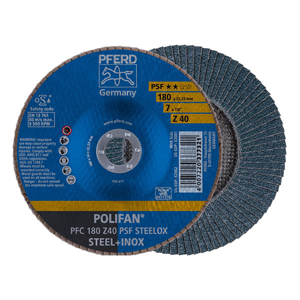 PFERD STEELOX Polifan Flap Discs - Zirconia Alumina PSF - 180mm - 40